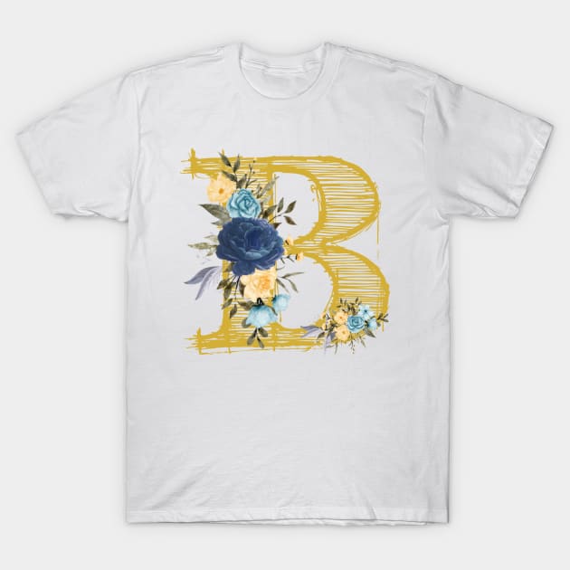 Monogram Letter B In Metallic Gold With Aesthetic Blue Flowers Botany T-Shirt by aspinBreedCo2